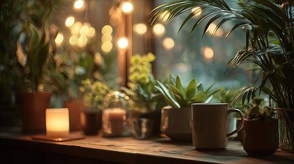 Stunning coffee shop view with cozy shelf and table concept. A cozy indoor garden with vibrant plants and soft ambient lighting.