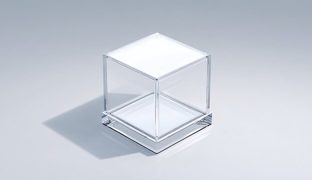 Transparent cube display case,  a clear, square, acrylic box,  resting on a slightly wider base,  isolated on a light gray background