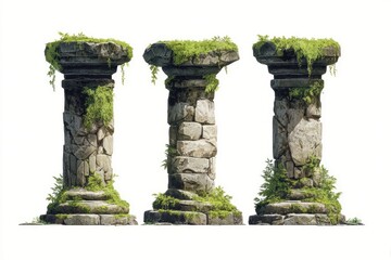 Three weathered stone pillars, overgrown with moss and greenery