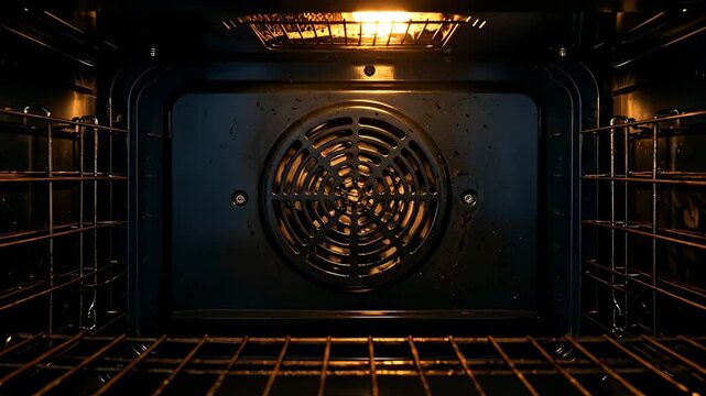 Interior View of a Clean Dark Electric Oven with Illuminated Heating Element and Fan Grate Showing Interior Racks and Dark Blue Exterior Trim