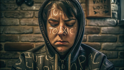Visual effects of bullying with storm of hurtful words concept. A young person expresses feelings of anxiety and toxicity.