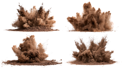 Four dynamic explosions of brown dust and debris against a stark black background