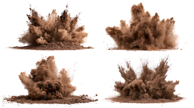 Four dynamic explosions of brown dust and debris against a stark black background