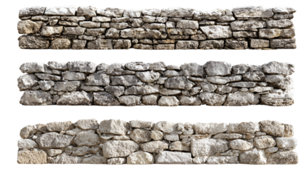 Three textured stone walls with different sizes and arrangements of natural rocks