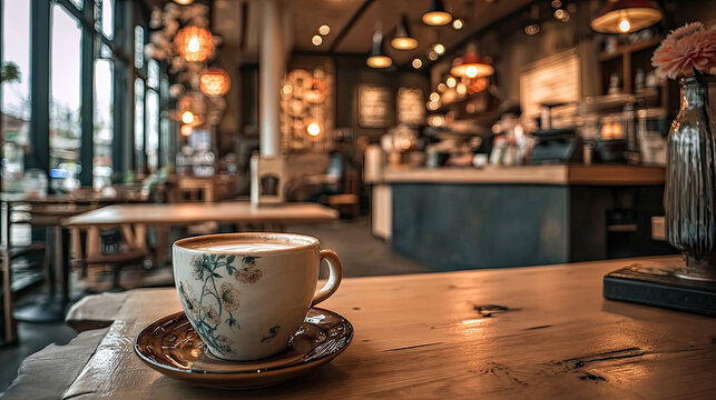 Stunning coffee shop view with cozy shelf and table concept. Cozy coffee shop vibe with an elegant cup on a wooden table.