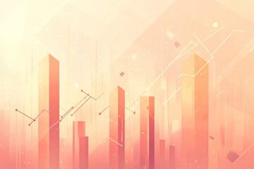 A flat vector illustration of an upward trending bar graph with arrows and graphs floating in the background with a light peach to dusty pink gradient color scheme A.