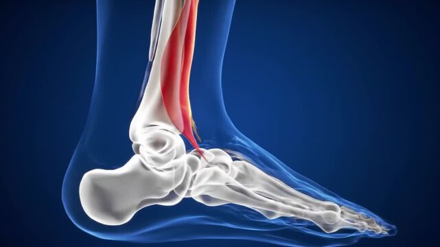 Animated Foot Anatomy Detailed View of Bones Tendons and Ligaments on Blue Background