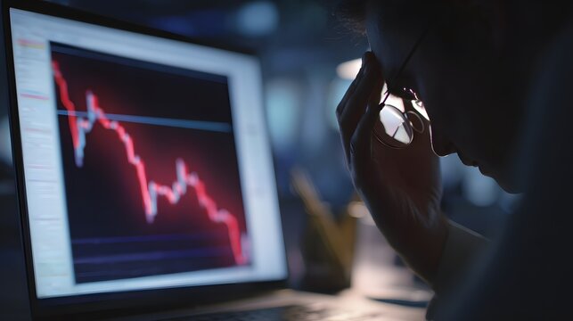 Financial Stress Businessman Frustration Falling Graph Market Uncertainty Economic Downturn Laptop Screen Reflection