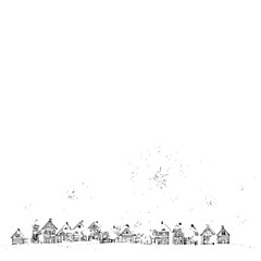 Black and white village illustration with fireworks celebration drawing sketch style festive scene artwork