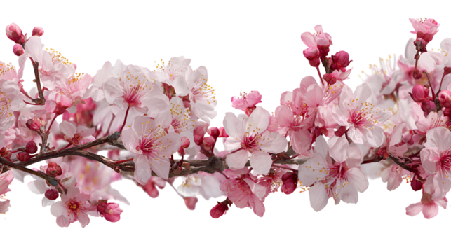 Delicate pink and white cherry blossom branches against a stark black background