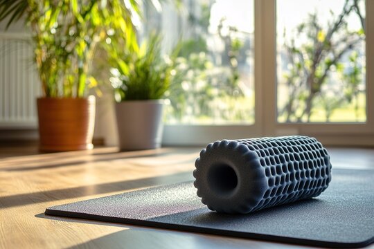 a massage foam roller on a sports mat, capturing the trending fitness accessory, emphasizing the simplicity and functionality of the foam roller in a workout setting.