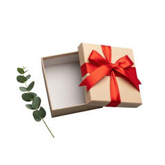 An empty open square light brown kraft paper gift box with red satin ribbon and a fresh green eucalyptus sprig, 45-degree angle, isolated on transparent background with soft studio lighting, elegant