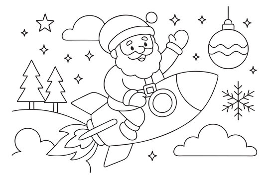 Cute Santa Claus flying on a rocket, fun and simple Christmas coloring page for kids, black and white outline illustration.