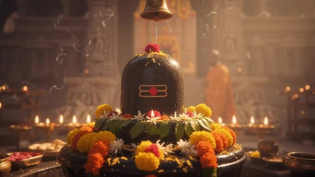 A serene depiction of a Shivling puja inside a sacred temple, surrounded by glowing diyas and fragrant flowers.