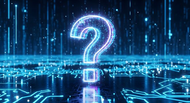 Bright neon digital question mark symbol glowing on a futuristic circuit board background. Information technology, AI, and problem solving concept. Abstract graphic representing inquiry, help