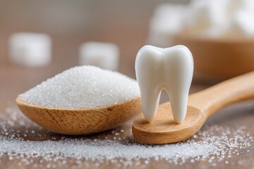 A wooden spoon holding granulated sugar and a miniature tooth, highlighting the link between sugar and dental health