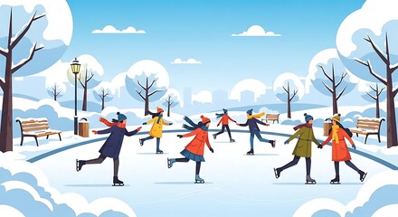 Diverse people enjoy ice skating outdoors in a snowy winter park with trees, benches, and a city skyline visible in the background.