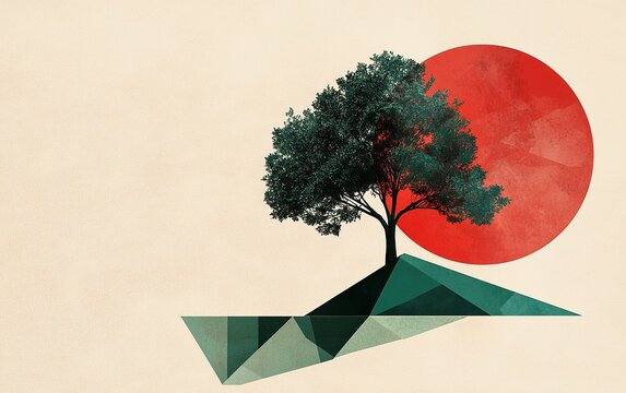 The minimalist graphic design features an abstract composition, with vibrant green geometric tree shapes and bold red circles juxtaposed asymmetrically, elegantly arranged against a beige background.