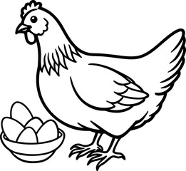 A detailed, black and white line art illustration of a hen is centered in the frame. The hen is a mature adult, rendered in a detailed hatching style, giving the image a classic, engraved feel. The he