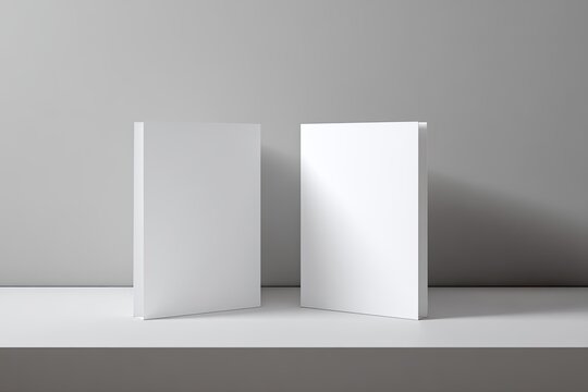 Two blank white books on a white shelf against a light gray wall - Powered by Adobe