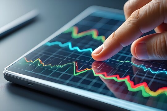 Analyzing stock market data on tablet with finger pointing at the graph on screen
