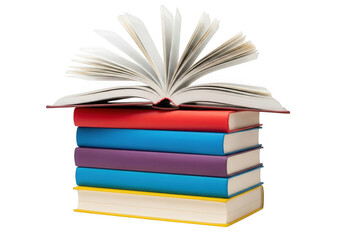 Naklejka premium An open book rests on a stack of colorful books, isolated on transparent background