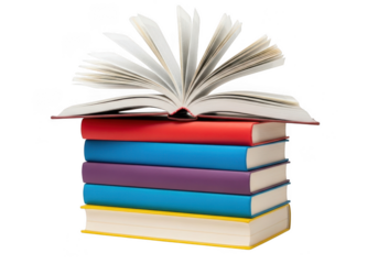 An open book rests on a stack of colorful books, isolated on transparent background