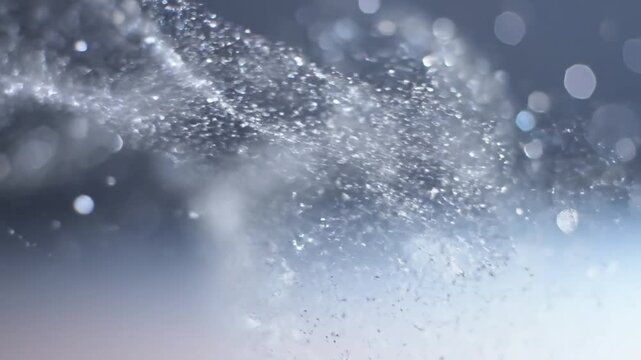 Spraying Water with Bokeh on Gradient Background in Light Blue Color Tone and Blurred Circular Lights with Shiny Wet Water Texture