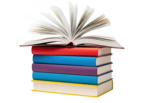 An open book rests on a stack of colorful books, isolated on transparent background