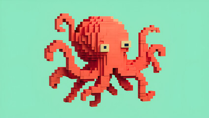 Intricate 3D pixel art octopus in a vivid orange, showcasing a blend of retro gaming aesthetics and modern digital rendering on a clean green background, Generative AI