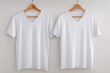 Two identical white v-neck t-shirts hang on wooden hangers