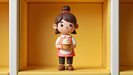Charming 3D illustration of a happy girl holding a delicious cupcake, presented in a minimalist shelf display, Generative AI