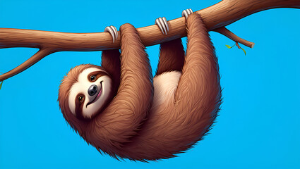 Happy Sloth Hanging on a Branch Illustration, Generative AI