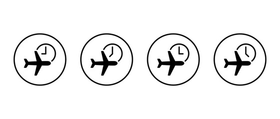 Airplane time icon in circular outline. Flight and clock symbol. Travel schedule and departure sign
