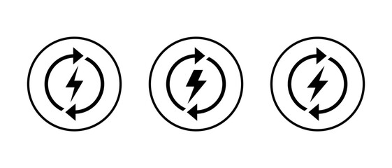 Energy refresh icon in circle line. Lightning bolt with circular arrow symbol. Power recharge and electricity sign