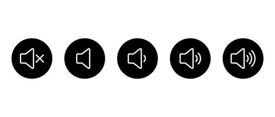 Volume level icon in black circle. Speaker with sound waves symbol. Audio mute, low, medium, and high sign
