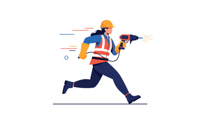 A construction worker with a drill runs across a white background with abstract lines.