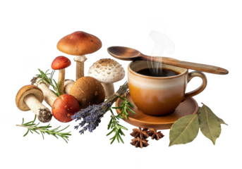 Steaming coffee cup with mushrooms, rosemary, lavender, and bay leaves
