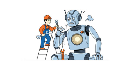 A mechanic on a ladder repairs a distressed robot with a wrench, highlighting automation maintenance.