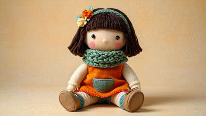 Handmade Soft Doll Sitting Comfortably with Orange Dress and Green Scarf, Adorable Toy, Generative AI