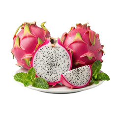Vibrant pink dragon fruit, whole, half, and slice, with fresh mint on a white ceramic plate against a transparent studio background, 45-degree view, concept of fresh product display