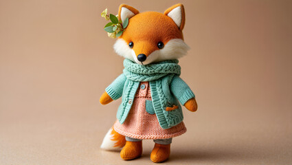 Adorable Fox Doll A Charming Knitted Creation with Stylish Attire for Play or Display, Generative AI