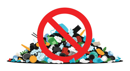 Pile of trash with a red prohibition sign indicating no dumping or littering.