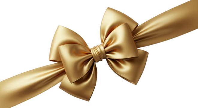 Elegant golden ribbon bow isolated on transparent background