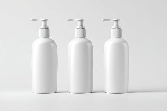 Three identical white plastic pump bottles, on a plain white background