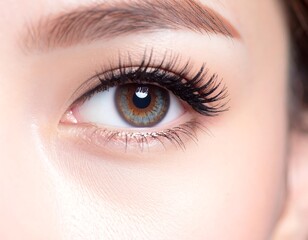 Obraz premium Macro shot of a light-skinned person's eye with long, dark eyelashes