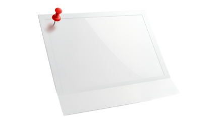 Blank white polaroid photo frame with red pushpin isolated on transparent background