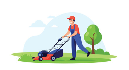 Man in blue overalls and red shirt mowing a green lawn with a red and blue lawn mower.