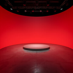 Minimalist red curved wall stage features a flat display platform, designed within a modern studio setup, emphasizing simplicity and contemporary aesthetics.
