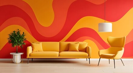 Vibrant retro living room with a yellow sofa, armchair, and wavy orange and red wall art, creating a colorful and nostalgic atmosphere